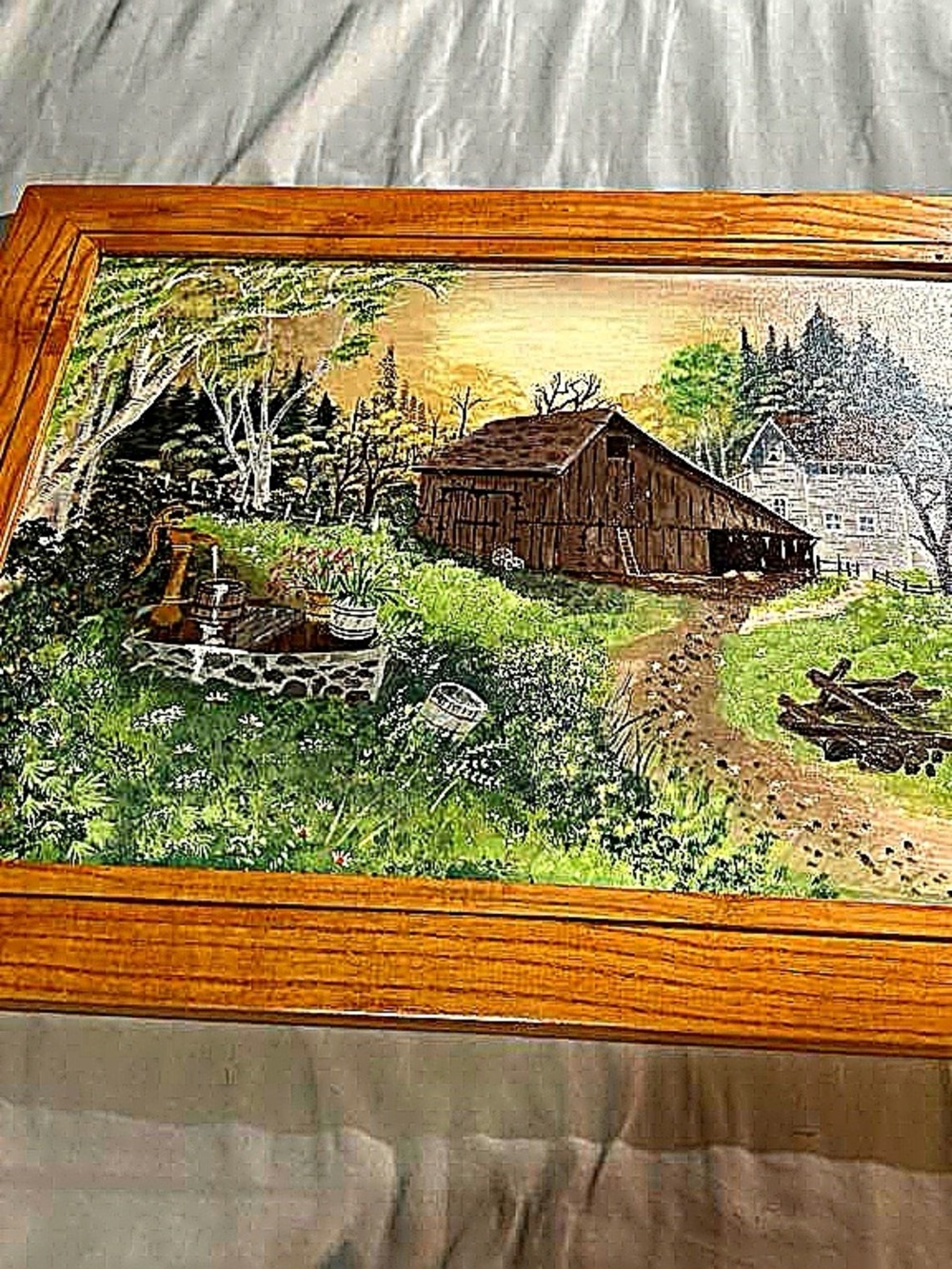 Original/Vintage Folk Art Farm Painting - Acrylic/Canvas
in Solid Oak Frame 🌾 - Picture 5 of 13
